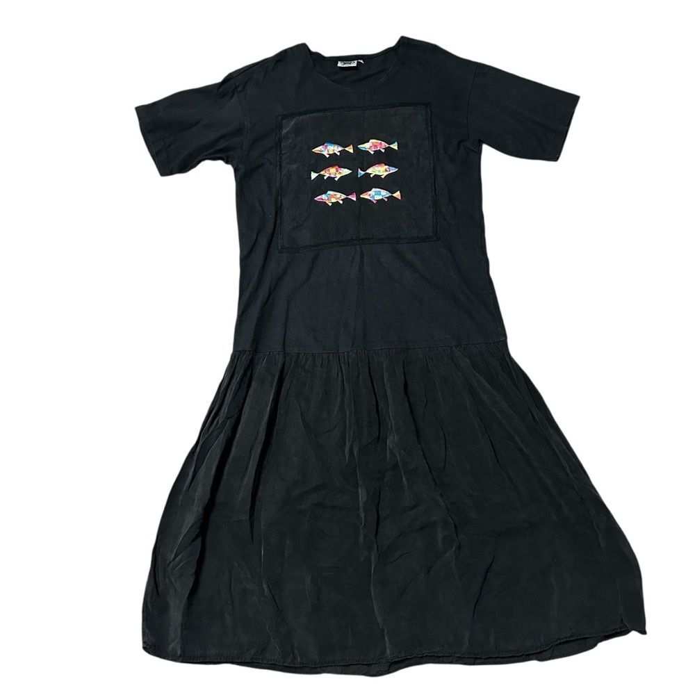 Johnny Was Black T Shirt Dress with Colorful Fish Design Small